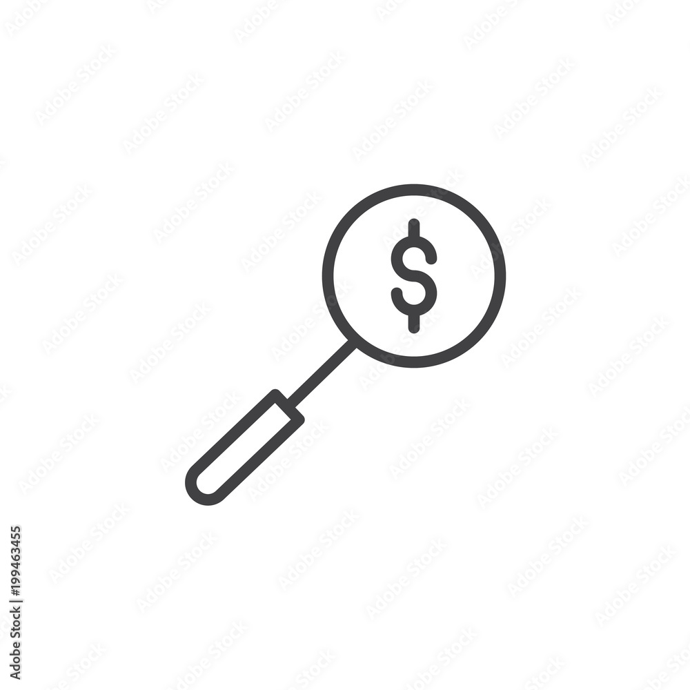 Money search outline icon. linear style sign for mobile concept and web design. Dollar magnifying glass simple line vector icon. Symbol, logo illustration. Pixel perfect vector graphics Money search outline icon. linear style sign for mobile concept and web design. Dollar magnifying glass simple line vector icon. Symbol, logo illustration. Pixel perfect vector graphics