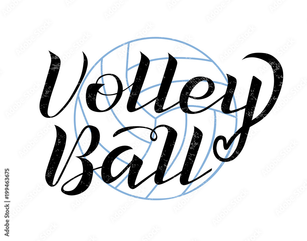 Volleyball black lettering text on white background with volleyball
