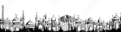 Ramadan Kareem Generous Ramadan greetings for Islam religious festival Eid with freehand sketch Mecca building