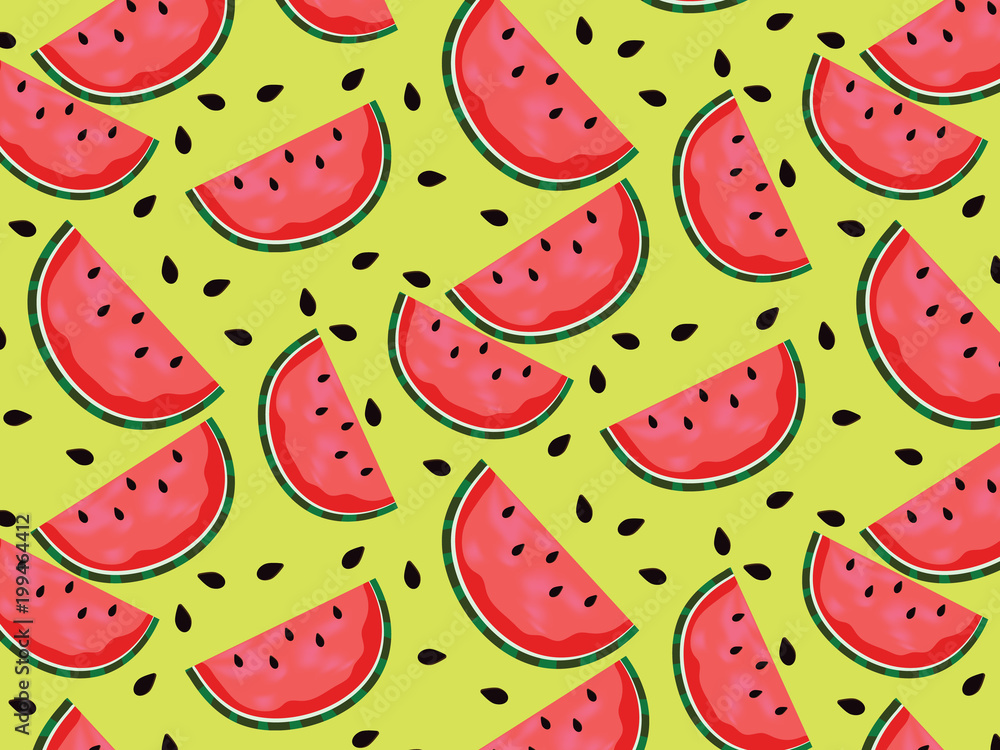 Fototapeta premium Vector watermelon backgroun d with black seeds. resh Sweet Natural Ripe melon Pattern.