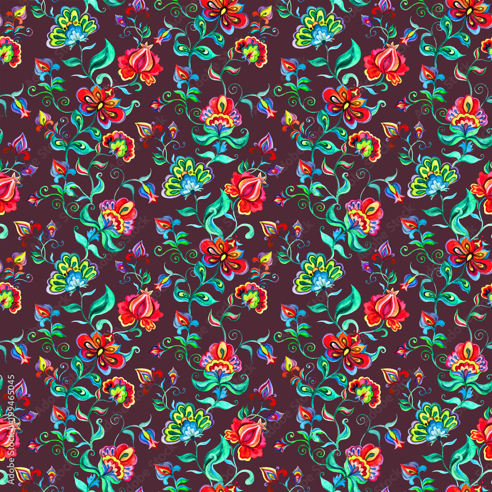 Decorative fairy flowers at dark background. Repeating pattern. Watercolor in Eastern European folk art Decorative fairy flowers at dark background. Repeating pattern. Watercolor in Eastern European folk art