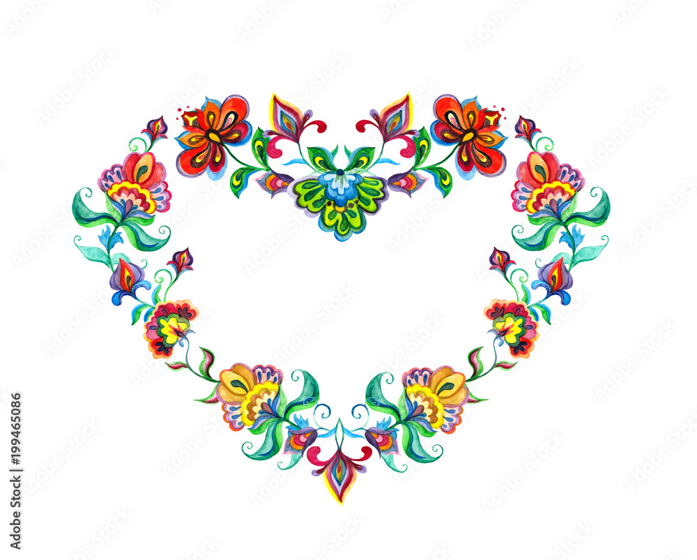 Heart with eastern european decorative ethnic flowers. Watercolor ornament of Easter Europe