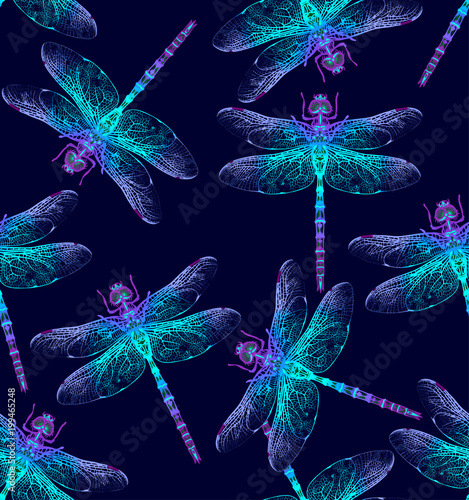 Dragonfly. Seamless Pattern. Dark blue backgrounds. Summer night.