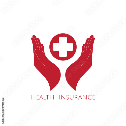 Health insurance icon logo vector graphic design. Hands and red cross.