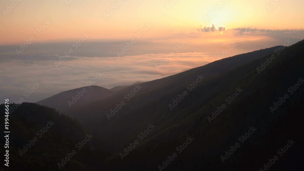 Aerial view of sunset over Transylvanian Mountains Aerial view of sunset over Transylvanian Mountains