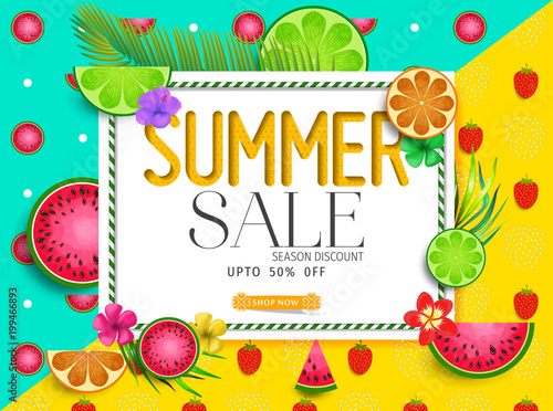 Summer sale banner with fruits background and exotic palm leaves, hibiscus flowers and Hello Summer handlettering.