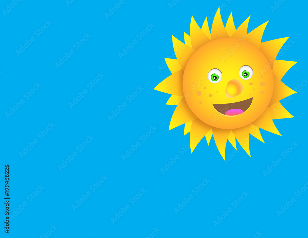 Happy Smiling Sun on blue sky. Vector illustration.