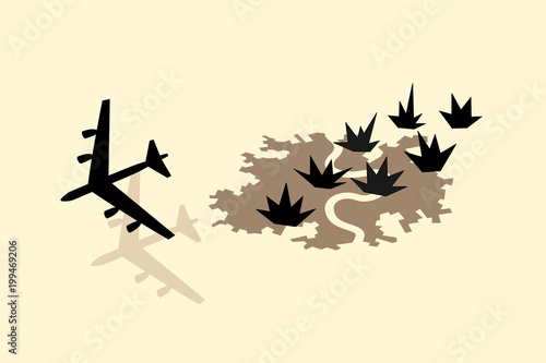 War and military aircraft - Flying bomber is dropping bombs on the city, carpet combing. Town is surrounded by beige and yellow bright sand as metaphor of Middle east. Vector illustration