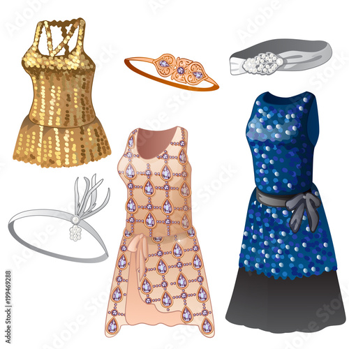Set of women dresses and belts. Collection of classic clothes for girls, different colors, with sparkles. Image in cartoon style. Vector illustration isolated