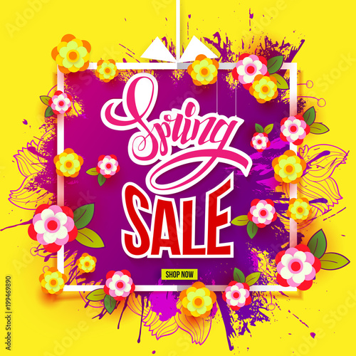 Hand drawn splash and paper flowers in Spring Sale banner. For banners, posters, flyers, cards, invitations. Vector illustration. Detailed design with season symbols. All objects are separated