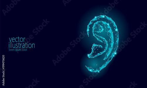 World Deaf Hearing Day. Human ear organ low poly. Polygonal triangle point line particle futuristic innovation medical center aid prevention awareness vector illustration poster