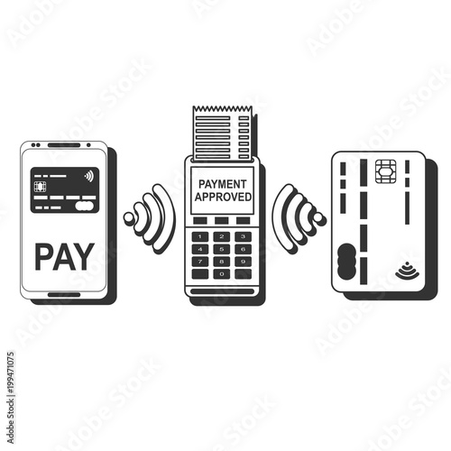 Pos terminal confirms the payment by smartphone and card. Vector illustration in flat design on blue background. nfc payments concept