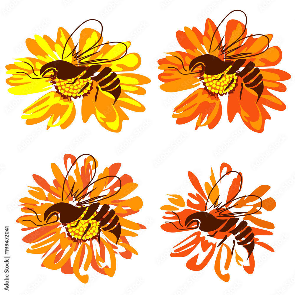 Bee on a flower, four images on a white background