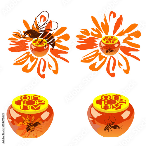 Jars with honey and bees, four images on a white background