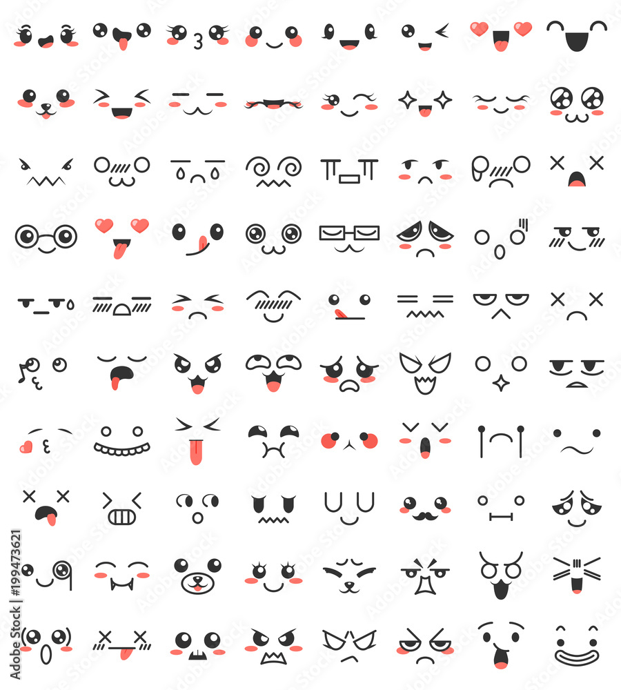 Collection of cute lovely kawaii eyes and mouths. Doodle cartoon faces in  manga style. Cute emoticon emoji characters. Emotion smile cartoon Stock  Vector | Adobe Stock
