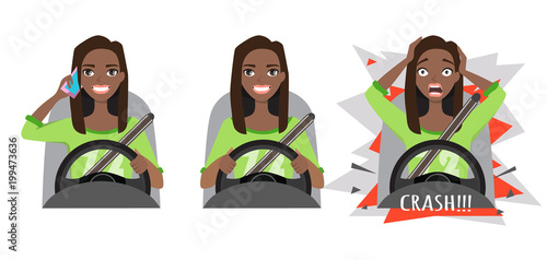black african american woman driving a car. woman driving a car talking on the phone. The woman had an accident. crash