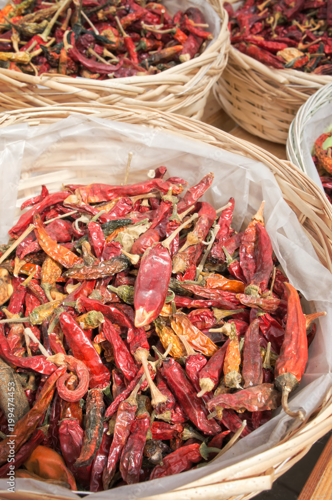 Dried Chili Peppers in basket  with copy space