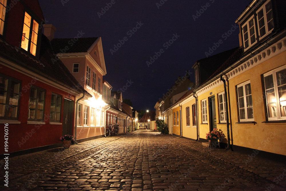 Old fairy tale houses in a centrum of Odense in night