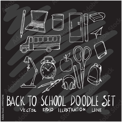 Hand drawn doodle vector line Back to school set on Chalkboard eps10