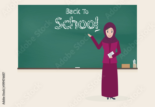 Muslim female teacher and Back to school text chalkboard background