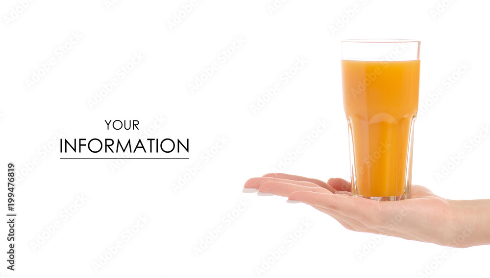 A glass of juice in the hand of an orange peach mango pattern A glass of juice in the hand of an orange peach mango pattern