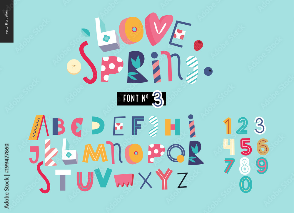 Kids flat alphabet set - Love spring latin font - letters and digits