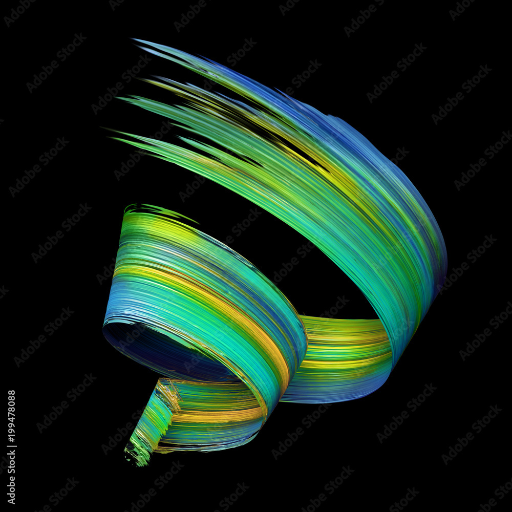 3d render, abstract artistic spiral brush stroke, yellow blue green