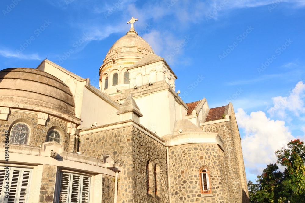 Partial view of the Sacred Heart Basilica in Balata (Martinique) in the evening sun