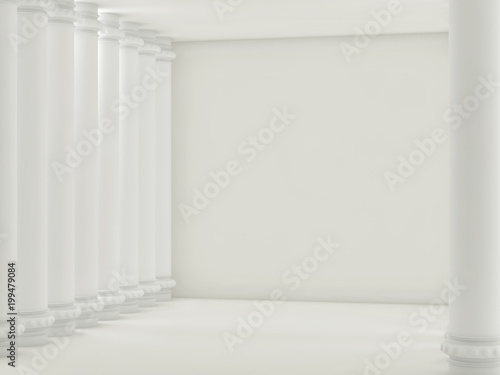 Empty light room with white brick walls and columns. 3d render