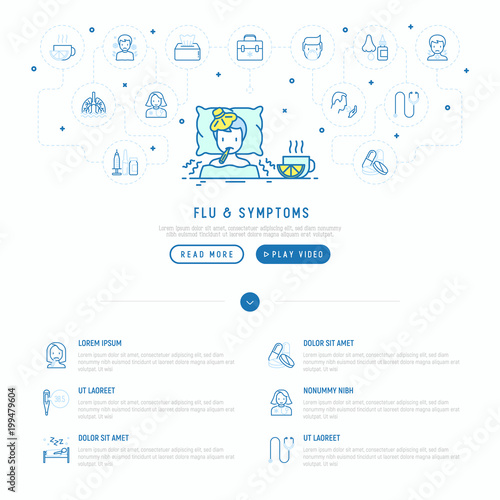Flu and symptoms concept: man with temperature and chills in bed, tea with lemon nearby. Modern vector illustration, web page template.