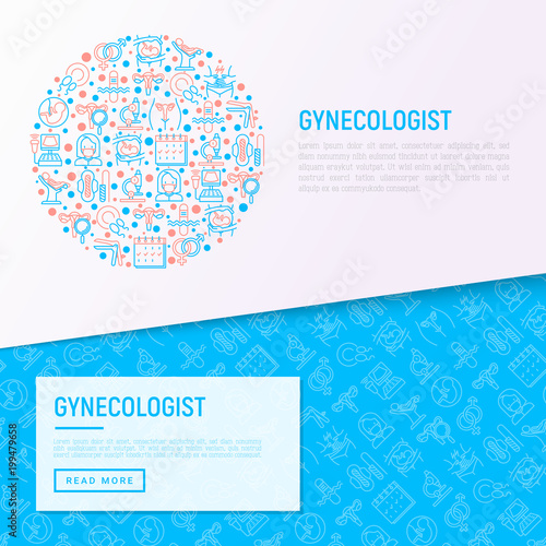 Gynecologist concept in circle with thin line icons: uterus, ovaries, gynecological chair, pregnancy, ultrasound, sanitary napkin, test, embryo, menstruation. Vector illustration, web page template.