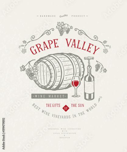 Grape Valley. Craft retro vintage design template logo label emblem badge for wine production. Drawn sketch barrel glass bottle corkscrew graphic vine vector illustration.