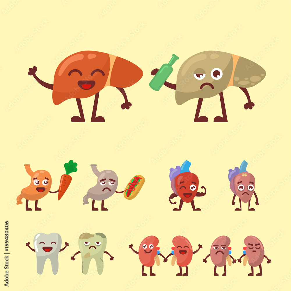 Naklejka premium Human organs healthy and unhealthy anatomic funny cartoon character pairs vector.