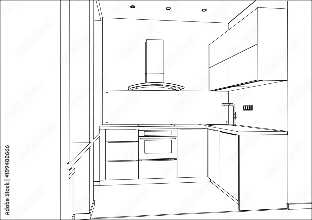 3D vector illustration. Modern kitchen design in home interior. Led spots. Kitchen sketch with decorations and appliances. Drawers. Cooker hood. Home Interior Design Software Programs.