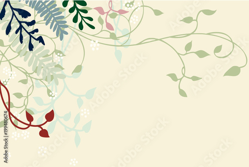ivy vines ferns flowers and plants in pretty vector design, soft pastel shades of green blue and pink on light yellow or beige background