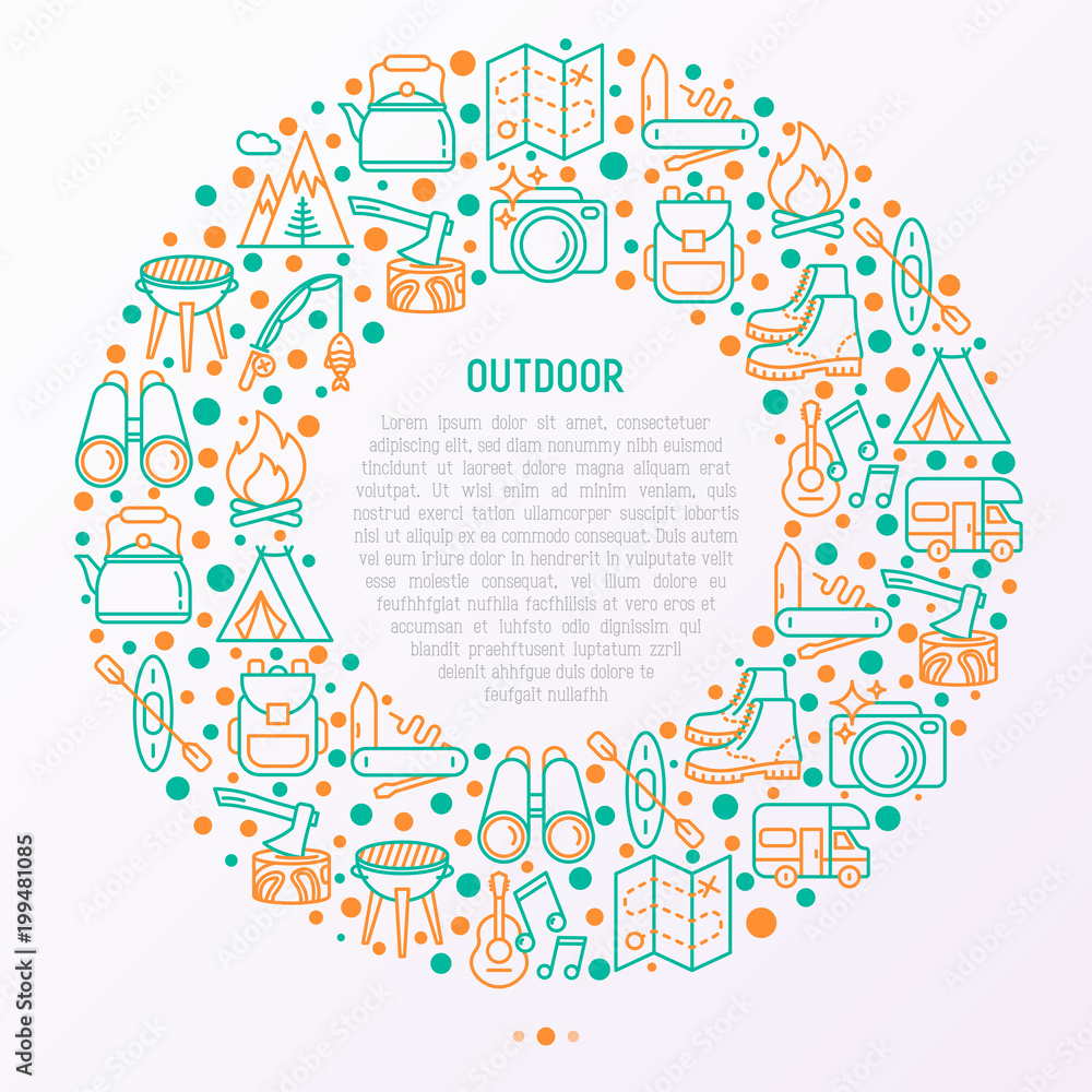 Outdoor concept in circle with thin line icons: mountains, backpack, uncle boots, kettle, axe, map, swiss knife, canoe, camera, fishing rod, binoculars. Modern vector illustration for print media. Outdoor concept in circle with thin line icons: mountains, backpack, uncle boots, kettle, axe, map, swiss knife, canoe, camera, fishing rod, binoculars. Modern vector illustration for print media.