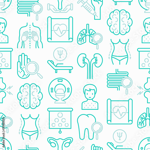 Hospital seamless pattern with thin line icons for doctor's notation: neurologist, gastroenterologist, manual therapy, ophtalmologist, cardiology, allergist, dermatologist. Vector illustration.