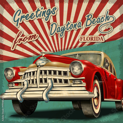 Vintage touristic greeting card with retro car.Daytona Beach. Florida.