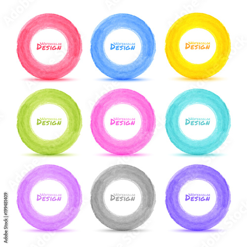 Set of 9 Light Hand drawn colorful watercolor circles. Vector illustration.