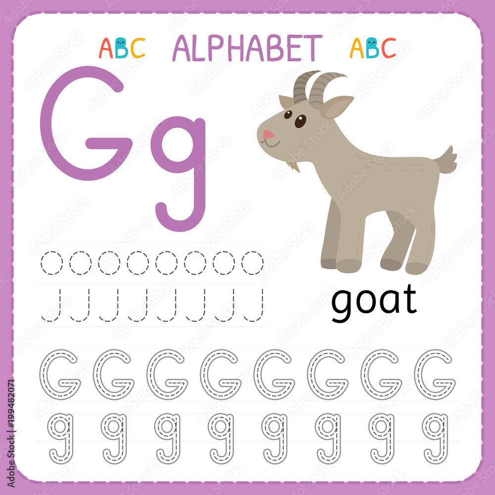 Alphabet tracing worksheet for preschool and kindergarten. Writing practice letter G. Exercises for kids Alphabet tracing worksheet for preschool and kindergarten. Writing practice letter G. Exercises for kids