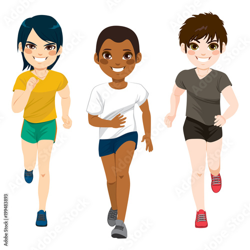 Three young jogging diverse teenager boys exercising running sport