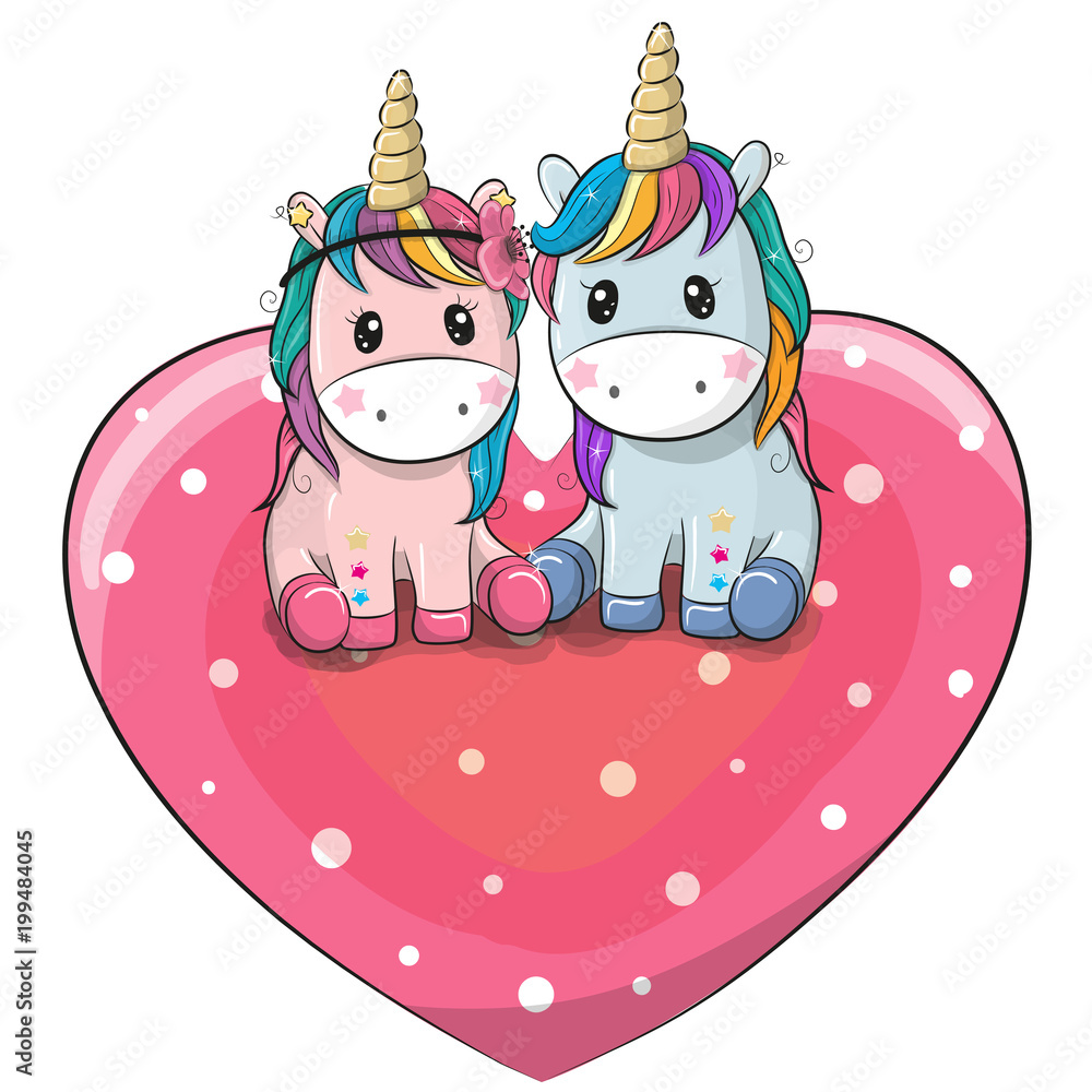 Naklejka premium Two cute Unicorns are sitting on a heart