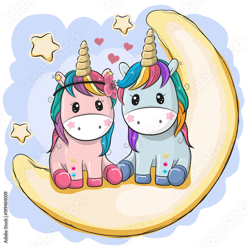 Two Cute Unicorns are sitting on the moon