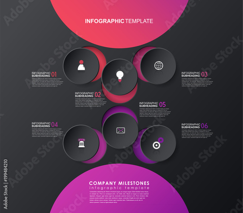 Infographic template with five colorful shapes and icons.