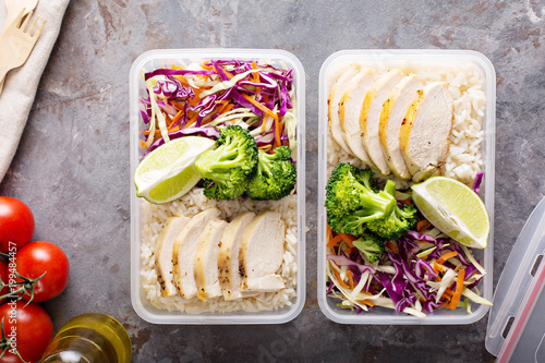 Tableau sur toile Healthy meal prep containers with chicken and rice