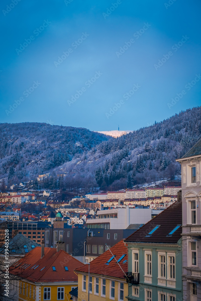 Beautiful outdoor view from over the roof, Bergen, Norway. Bergen is on of famous destination in Norway with its beauty and unique Norwegian architecture wooden house