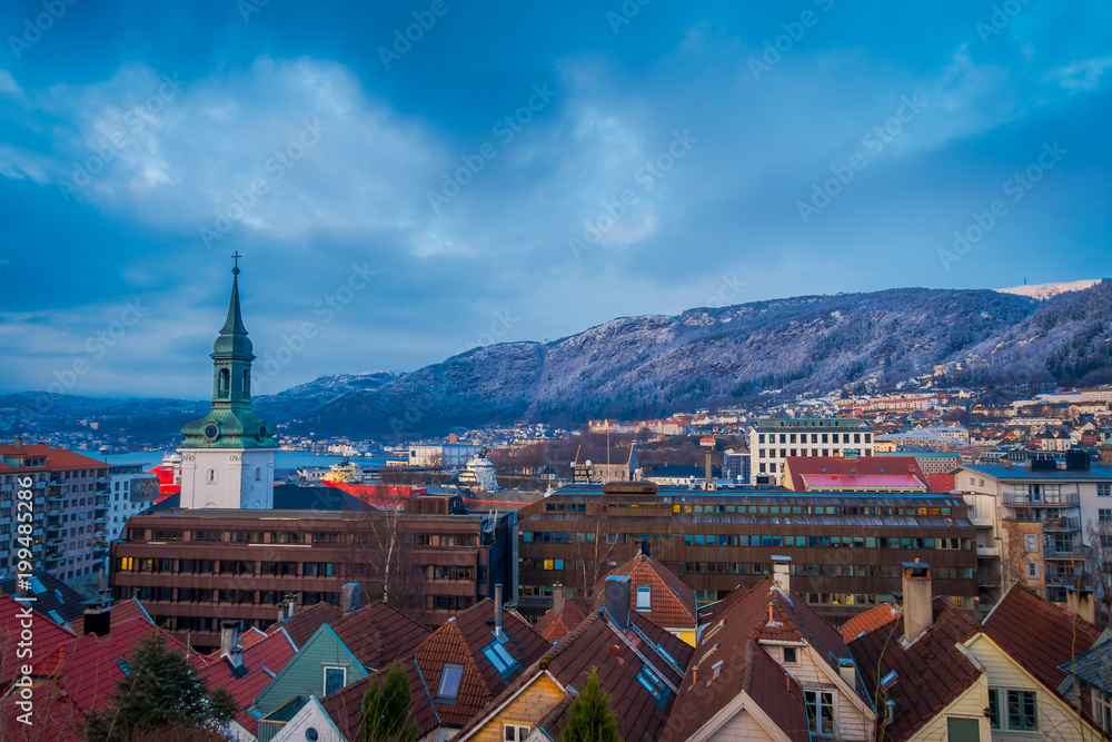 City view from over the roof, Bergen, Norway. Bergen is on of famous destination in Norway with its beauty and unique Norwegian architecture wooden house