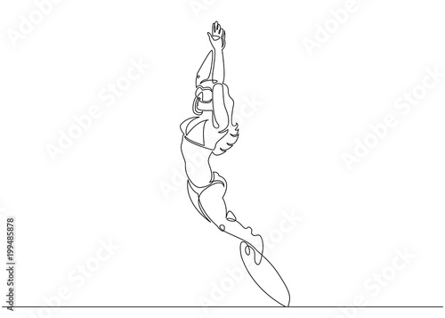 Continuous single one drawn scuba diver line underwater in the sea. The concept of sport is a journey of scuba diving.