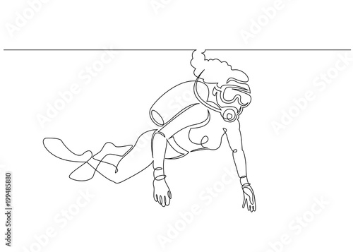 Continuous single one drawn scuba diver line underwater in the sea. The concept of sport is a journey of scuba diving.