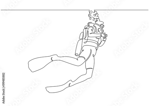 Continuous single one drawn scuba diver line underwater in the sea. The concept of sport is a journey of scuba diving.